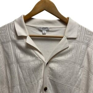 Reiss Mens Size XXL White Knit Button Front Short Sleeve Cotton "Amershem" Shirt